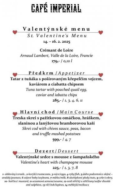 Valentýnské menu 14. – 16. 2. 2025 – Café Imperial
