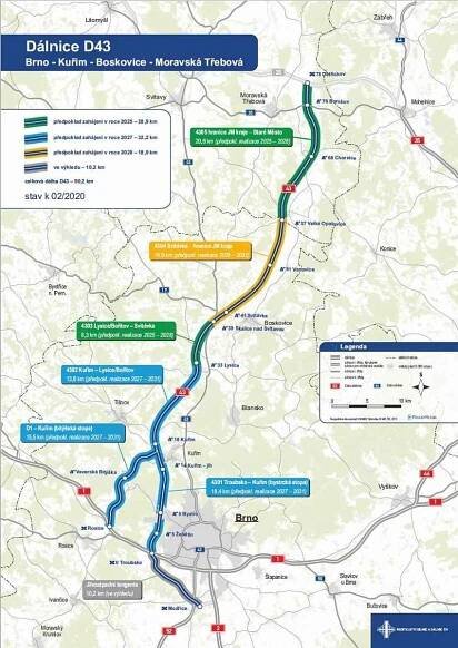 Plán výstavby D43 z Brna ke Starému Městu k D35. U Brna nakonec povede východní (pravou) variantou.