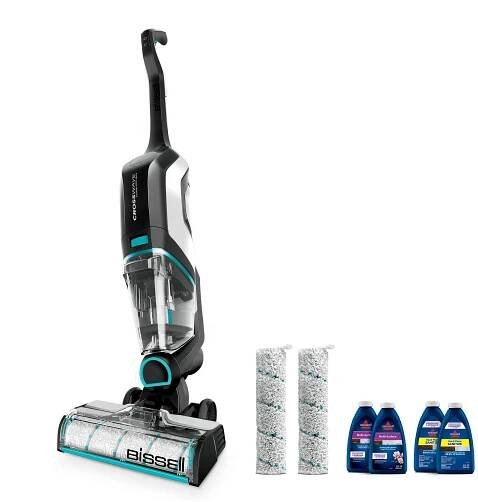 The Bissell CrossWave Cordless Multisurface Wet/Dry Vac, extra filters, and four bottles of cleaning solution on a white background.