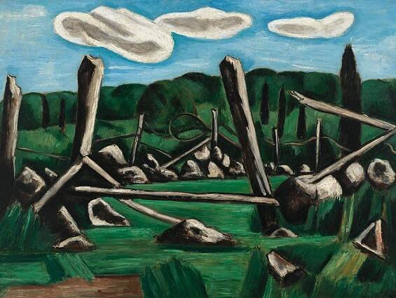Expressionist painting of a chaotic wooden fence in a green landscape with blue sky and fluffy clouds above.