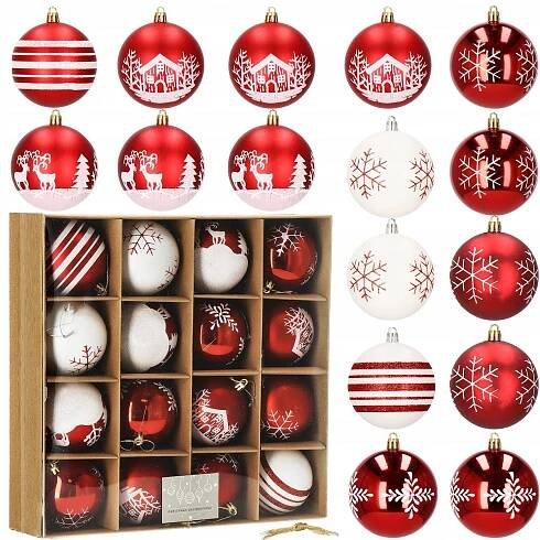 VÁNOČNÍ BAŇKY NA STROMEČEK x16 NEROZBITNÉ OZDOBY SET 8 cm VÁNOČNÍ ČERVENÉ