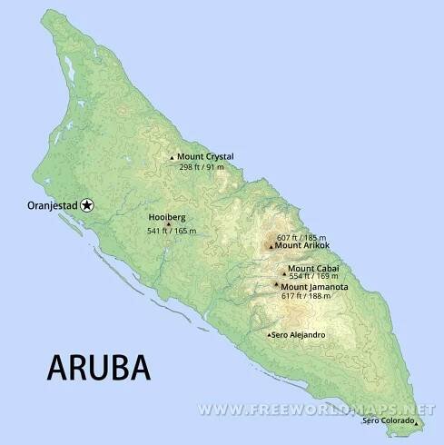 Aruba Map; Geographical features of Aruba of the Caribbean - Freeworldmaps.net
