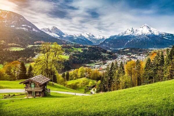 Scenic View of Berchtesgaden National Park with Mountains and Green Fields