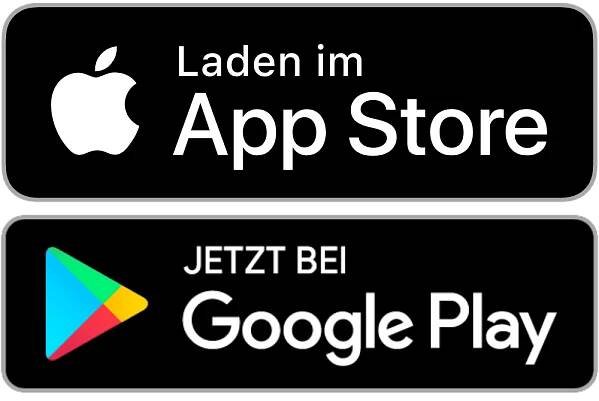 Schaltflächen mit den Logos des Apple App Store und des Google Play Store sowie deutschem Text. Auf der Apple-Schaltfläche steht „Laden im App Store“ und auf der Google-Schaltfläche „JETZT BEI Google Play“.