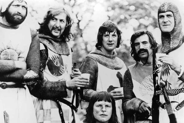 (From left to right): Graham Chapman as King Arthur, Eric Idle as Sir Robin, Terry Gilliam as Sir Bors, Michael Palin as Sir Galahad, Terry Jones as Sir Bedevere, and John Cleese as Sir Lancelot in a cast photo for 'Monty Python and the Holy Grail'