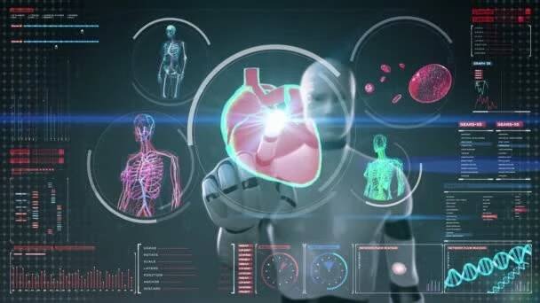 Robot, cyborg, dojemné, digitální displej, ženské tělo skenování krevní cévy, lymfatická, srdce, oběhového systému v řídicím panelu digitální displej. Modrá rentgenový pohled. — Stock záběr