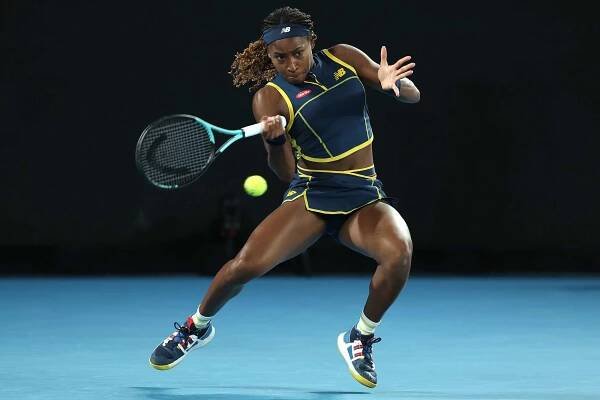 Coco Gauff of the United States plays a forehand in their Semi Final singles match against Aryna Sabalenka during the 2024 Australian Open at Melbourne Park on January 25, 2024 in Melbourne, Australia.