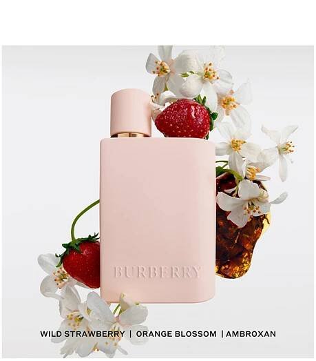 Image 1 - A pale pink perfume bottle with the word Burberry embossed on it is surrounded by white flowers and fresh strawberries, with wild strawberry, orange blossom, and ambroxan listed below.
              Image 2 - Image shows a display of four Burberry fragrance bottles labeled Eau de Toilette, Eau de Parfum, Eau de Parfum Intense, and Elixir de Parfum, along with their scent descriptions: Green Pear, Honeysuckle, Musk; Dark Berries, Violet, Dry Amber; Wild Strawberry, Orange Blossom, Ambroxan; Dark Red Berries, Jasmine, Vanilla, with varying intensity levels indicated by filled and empty circles.
              Image 3 - A white perfume bottle with a minimalist design is prominently displayed against a soft background, with the text BURBERRY HER and THE NEW EAU DE PARFUM INTENSE visible below.
              Image 4 - Four Burberry perfume bottles are arranged side by side, with two in pastel pink and two in clear glass, labeled as Elixir de Parfum, Eau de Toilette, NEW Eau de Parfum Intense, and Eau de Parfum.