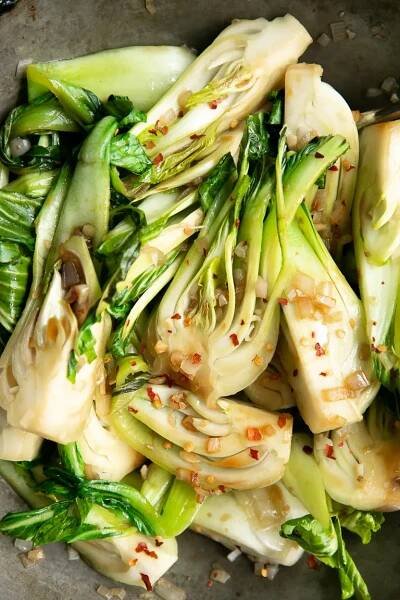 Cooked garlic bok choy.