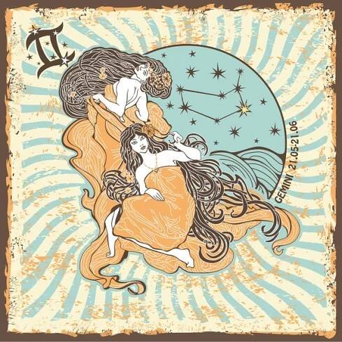 Gemini Zenske zodiac sign.vintage horoskop karta — Stock obrázek