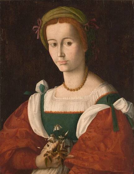  An oil portrait painting of a woman holding a small bouquet of white jasmine flowers.
