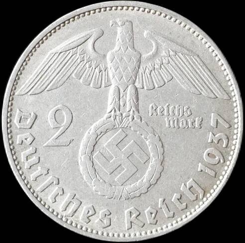Německo - 2 Marka 1937 D Hindenburg hákový kříž - stříbrná mince