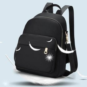 Dámský nylonový jednobarevný batoh na zip s velkou kapacitou taška na notebook (Černá)