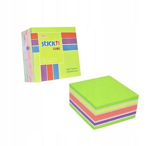 Samolepicí kartičky Stickn, Kostka 76x76 mm, mix kol. zelená/žlutá/růžová
