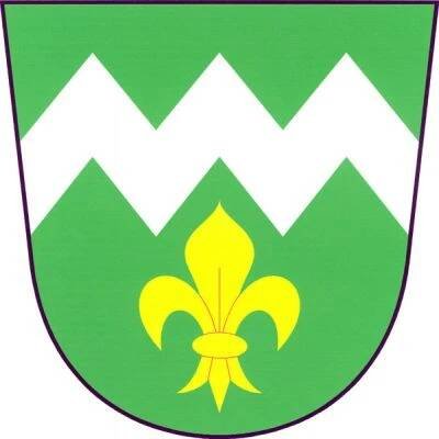 V zeleném štítě zlatá lilie převýšená stříbrným, pětkrát lomeným břevnem.