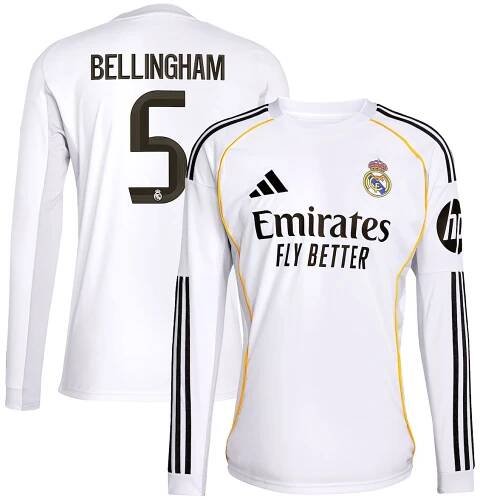 Real Madrid adidas Home Shirt 2025-26 - Long Sleeve with Bellingham 5 printing