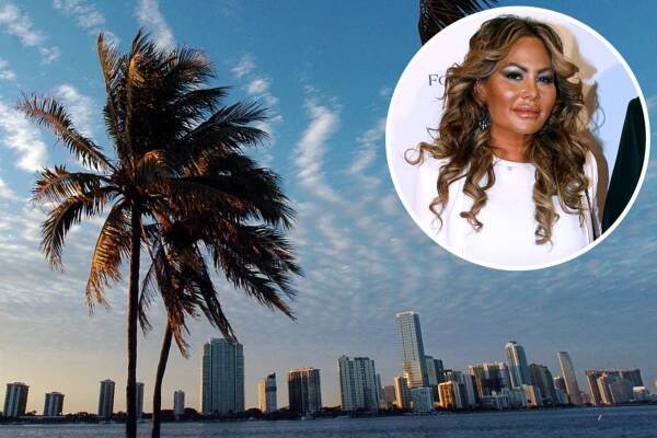The Miami skyline and Orianne Cevey.
