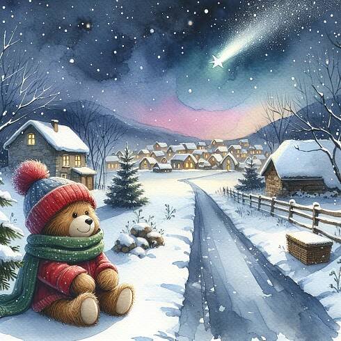 journey to Bethlehem by the comet to Nativity scene smiling cosy baby Teddy Bear Wear red hat and green scarf in winter snowing wood on the path watercolor illustration – VytvořSiPotisk.cz