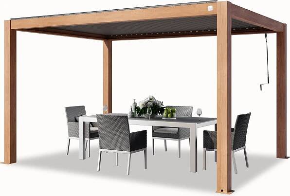 PRIMEYARD Pergola 3x4 m s hliníkovými sloupky a hliníkovou lamelovou střechou - vzhled dřevadá
