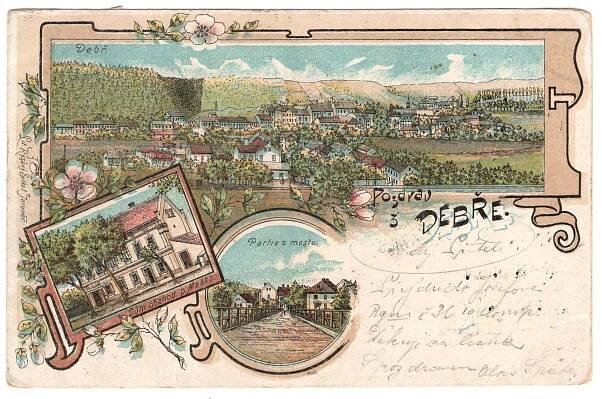 okres Mladá Boleslav. DEBŘ. Obchod p. Maška. Most. 1900. Litografie.
