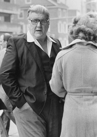 Black and white photo of Francis J. Sheeran during a lunch break at his racketeering trial.