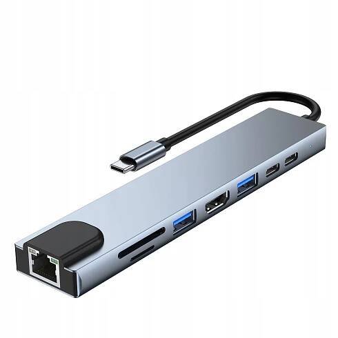 ADAPTÉR HUB STANICE 8V1 USB-C HDMI 4K LAN SD/TF PD