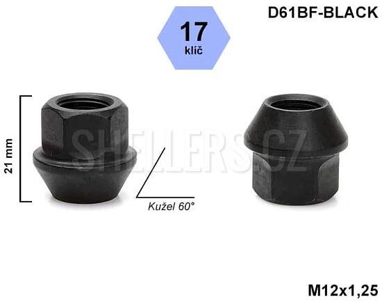 Kolová matice M12x1,25 kužel otevřená, klíč 17, černá, D61BF-BLACK, výška 21 - SHELLERS