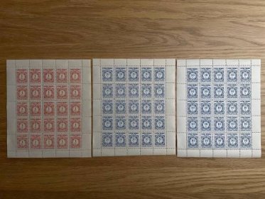 Cvičné známky 1954, Katalog Pofis 298, kompletní série v arších D 1 - D 3 kompletní archy, mimořádně vzácný komplet ! , katalogová cena 17 500 + Kč, mmořádná sestava vše zoubkování B ( 9 : 10 3/4) 