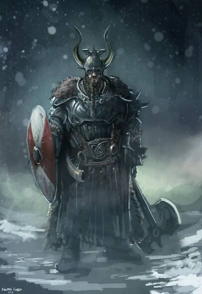 a man dressed as a viking with horns and armor standing in the snow holding a shield