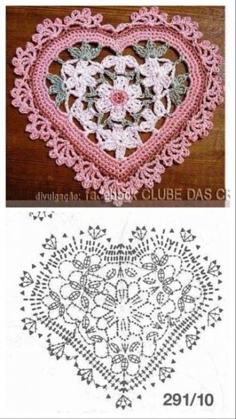 crocheted heart with flowers and leaves on it