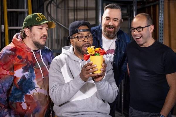 Impractical Jokers cast —Sal Vulcano, Brian Quinn, and James Murray — with Method Man