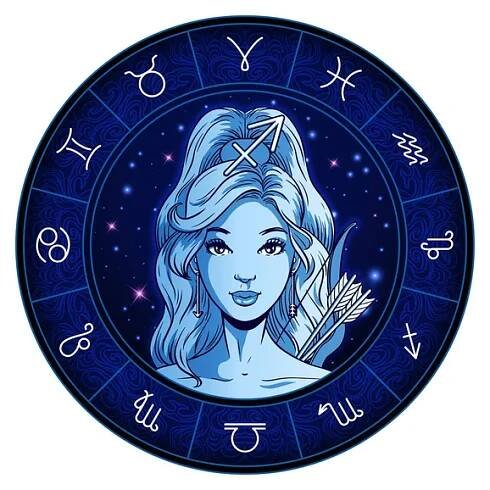 Kresby znamení zvěrokruhu střelec, krásná dívka tvář, horoskop — Ilustrace
