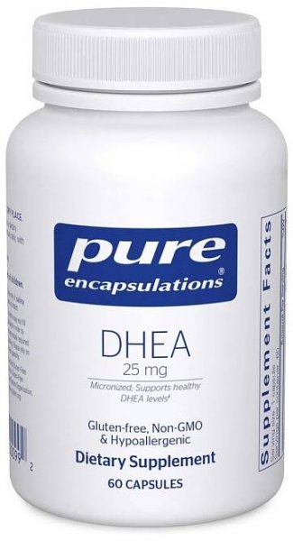 A bottle of pure encapsulations dhea dietary supplement