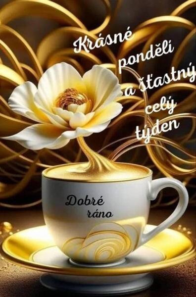 a coffee cup with a flower in it on top of a saucer and gold swirls