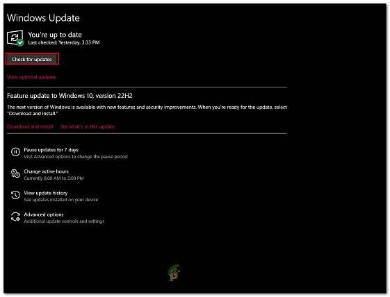 Clicking on the Check for updates button in the windows settings