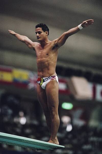 Greg Louganis preparing for a springboard diving event at the 1988 Seoul Olympics.