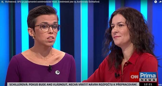 Richterová: SPD je parlamentní extrémistické hnutí. Extrémisté jste vy, kontrovala Šichtařová - Svobodní