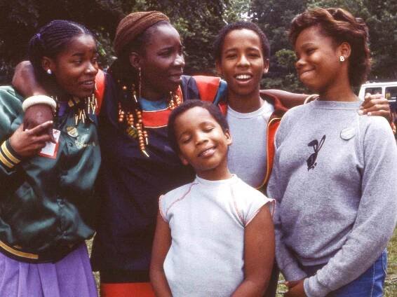 Rita Marley, with her children. Left to right, Sharon Marley, Rita Marley, Stephen Marley, Ziggy Marley and Cedella Marley in Central Park, New York City, New York. June 12, 1992