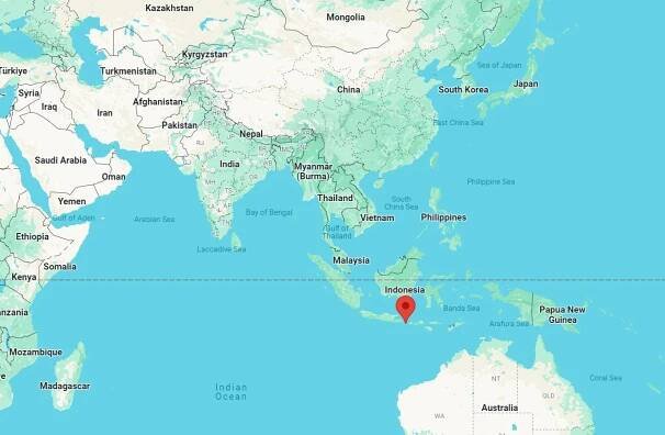 Google Map showing the location of Bali as east of Java in Indonesia.
