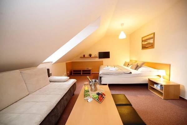 เตียงในห้องที่ Hotel Modrásek