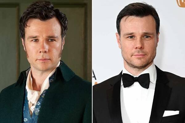 Rupert Evans as Edmund Bridgerton in 'Bridgerton'. ; Rupert Evans attends the BAFTA Gala 2024 on February 15, 2024 in London, England. 