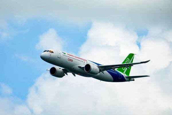 China's self-developed passenger jet C919 makes its first international debut in a flight demonstration at the Singapore Airshow on February 20, 2024 in Singapore.