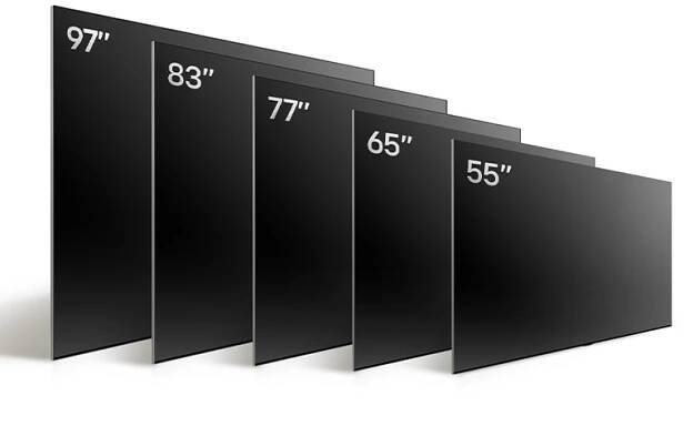 Srovnání různých velikostí televizorů LG OLED TV, OLED G4, zobrazující OLED G4 55", OLED G4 65", OLED G4 77", OLED G4 83" a OLED G4 97".