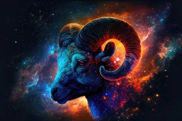 Aries zodiac sign against space nebula background. Astrology calendar. Esoteric horoscope and fortune telling concept. Created with Generative AI