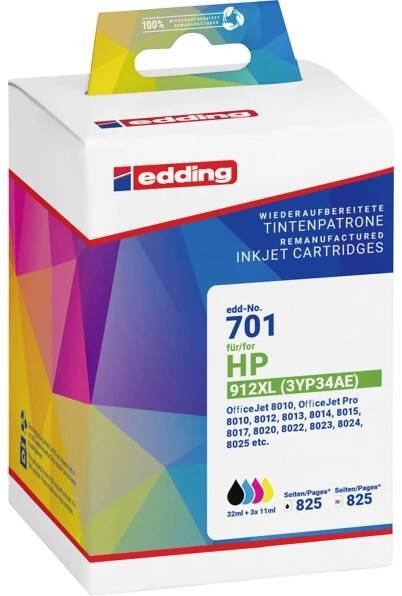 Edding Ink náhradní HP 912XL, 3YL84AE kompatibilní kombinované balení černá, azurová, purppurová, žlutá EDD-701 18-701