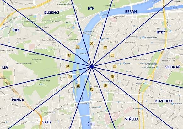 Mapa Prahy podle znamení zvěrokruhu