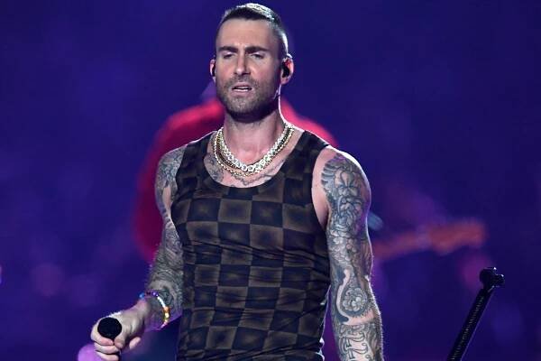Adam Levine performing with Maroon 5 at the Super Bowl LIII halftime show