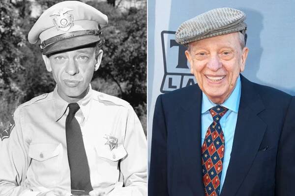 Publicity portrait of American actor Don Knotts (1924 - 2006) (as Barney Fife) who stands outdoors and holds his gun in the CBS rural sitcom 'The Andy Griffith Show,' July 30, 1962; Don Knotts during The TV Land Awards -- Arrivals at Hollywood Palladium in Hollywood, CA