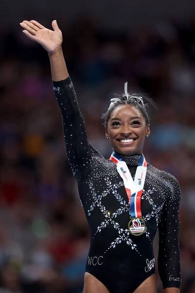 Biles celebrates after winning a record eighth national all-around title  at the US Gymnastics Championships in August 2023. The 26-year-old also became the oldest woman to ever win the championships.