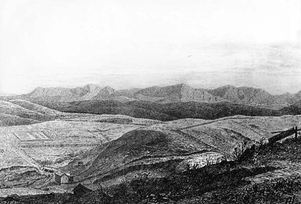 Drawing of Chavez Ravine as it appeared circa 1870. Courtesy of the Title Insurance and Trust / C.C. Pierce Photography Collection, USC Libraries.